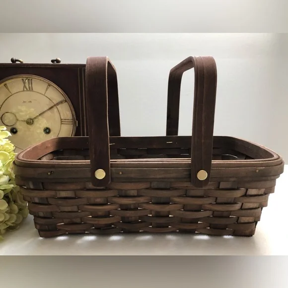 Vintage Wooden Woven Basket With Folding Handles - Picture 3 of 10